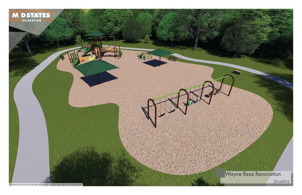 Wayne Resa Renovation Rendering - Playground Aerial View looking at swingset