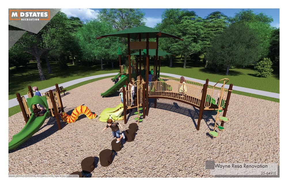 Wayne Resa Renovation Rendering - Playground Ground View with platforms and bridge as the focus