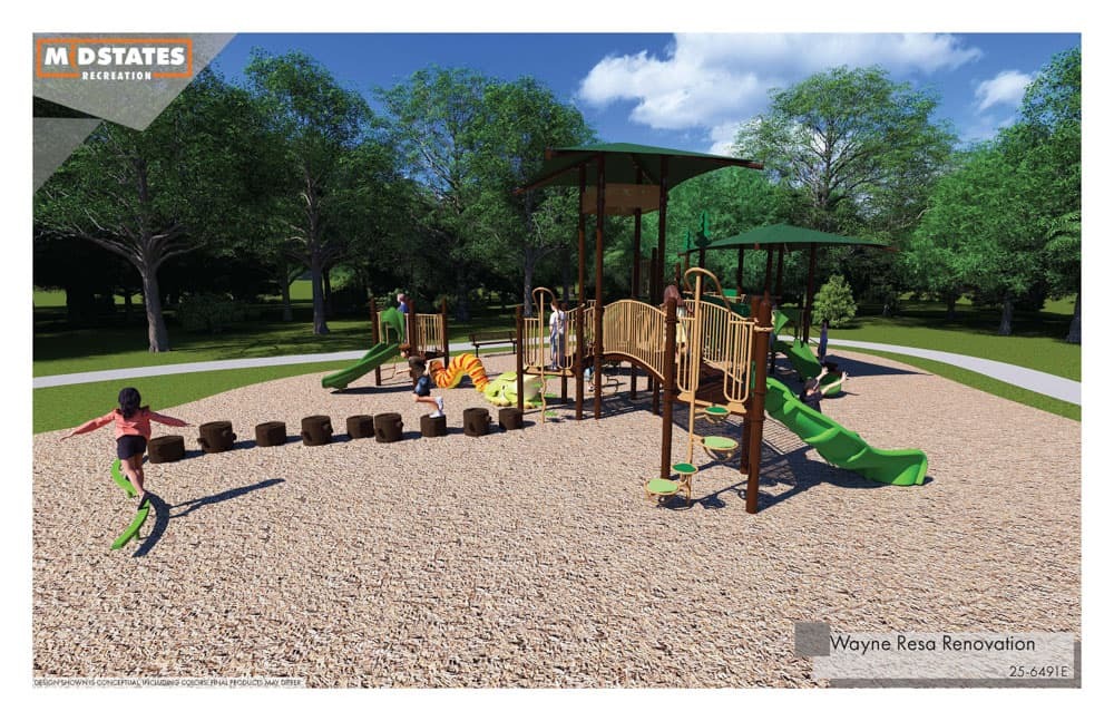 Wayne Resa Renovation Rendering - Playground Ground View with platforms and bridge as the focus