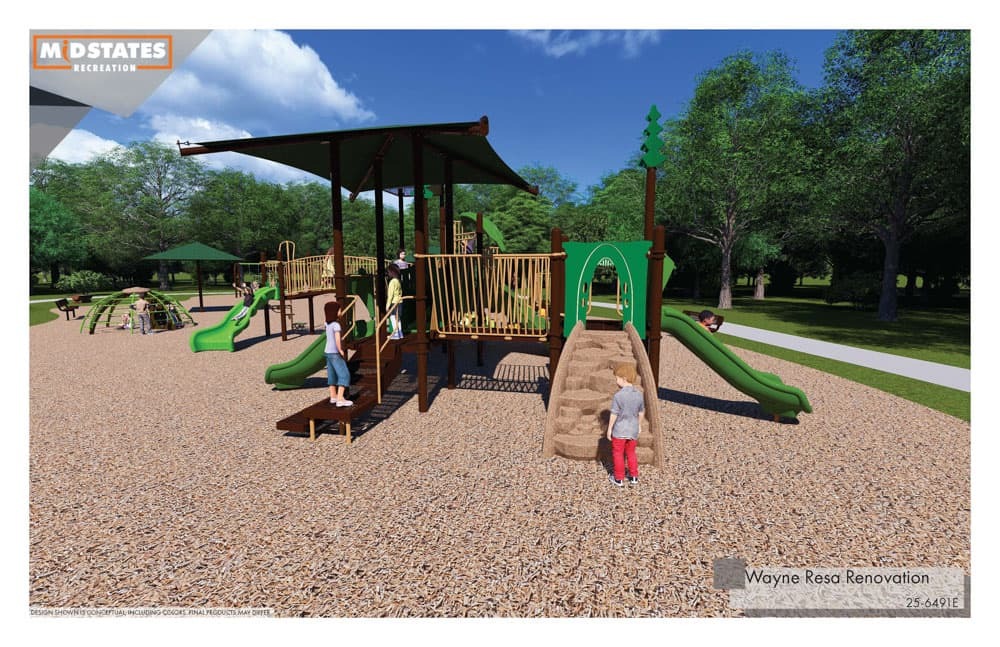 Wayne Resa Renovation Rendering - Playground Ground View with slides and children playing