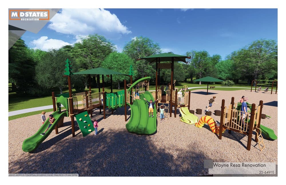 Wayne Resa Renovation Rendering - Playground Ground View with slides and children playing