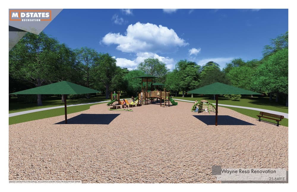 Wayne Resa Renovation Rendering - Playground Ground View with umbrellas in foreground