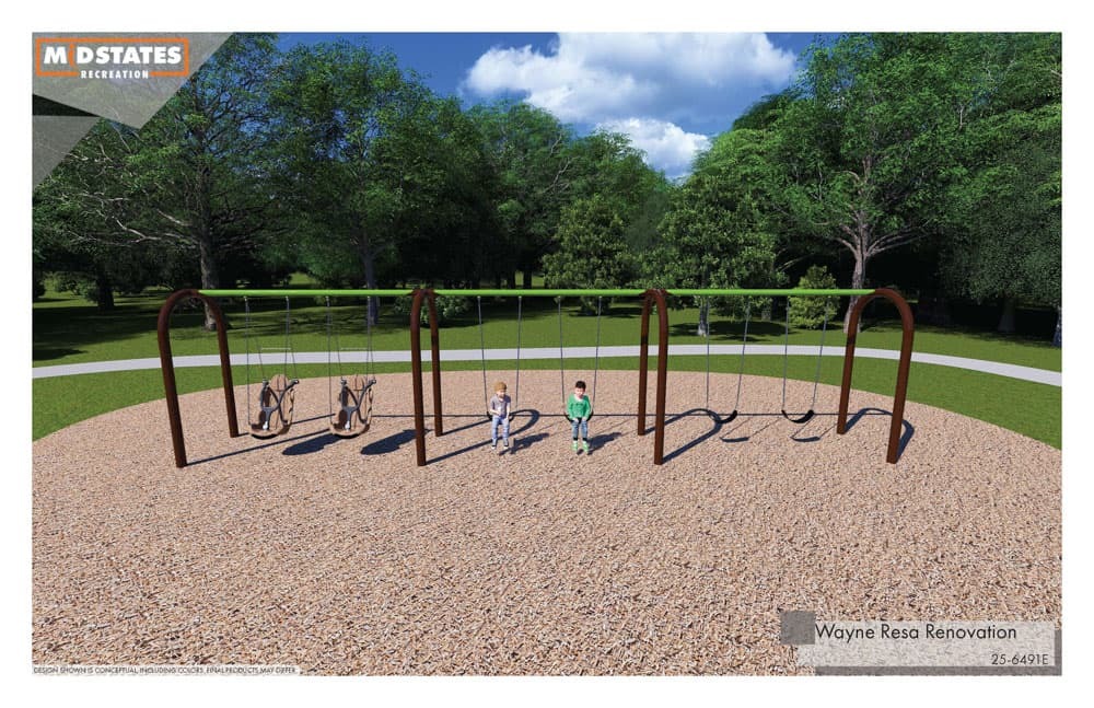Wayne Resa Renovation Rendering - Playground Swing Set with children for scale