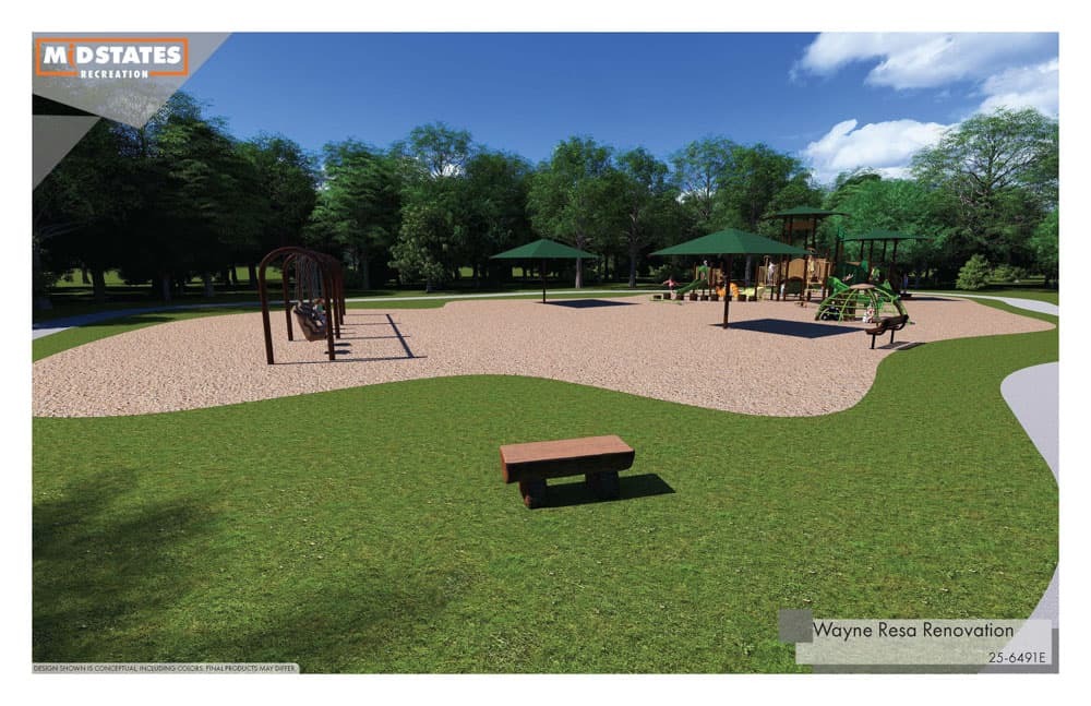 Wayne Resa Renovation Rendering - Playground Wide view with park bench on grass