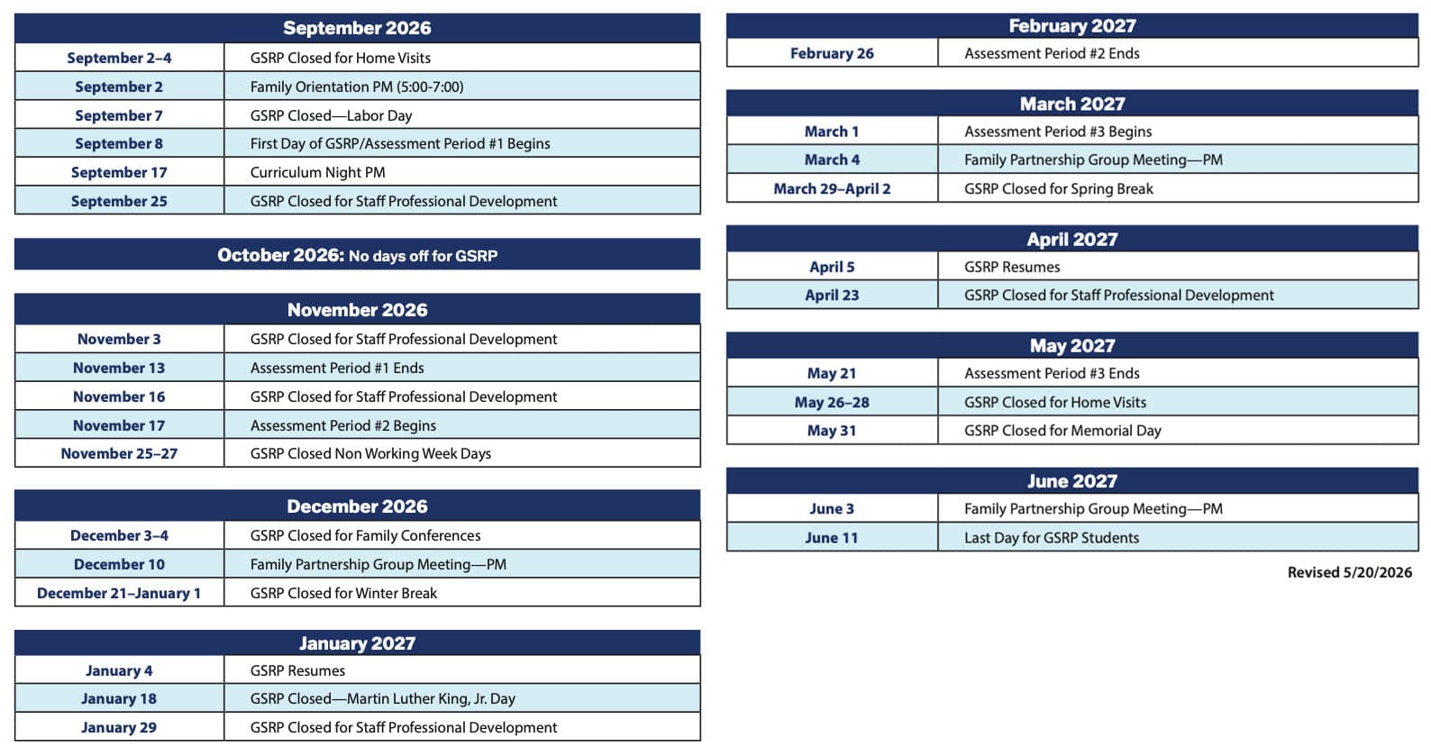 Early Education Calendar 2026-27