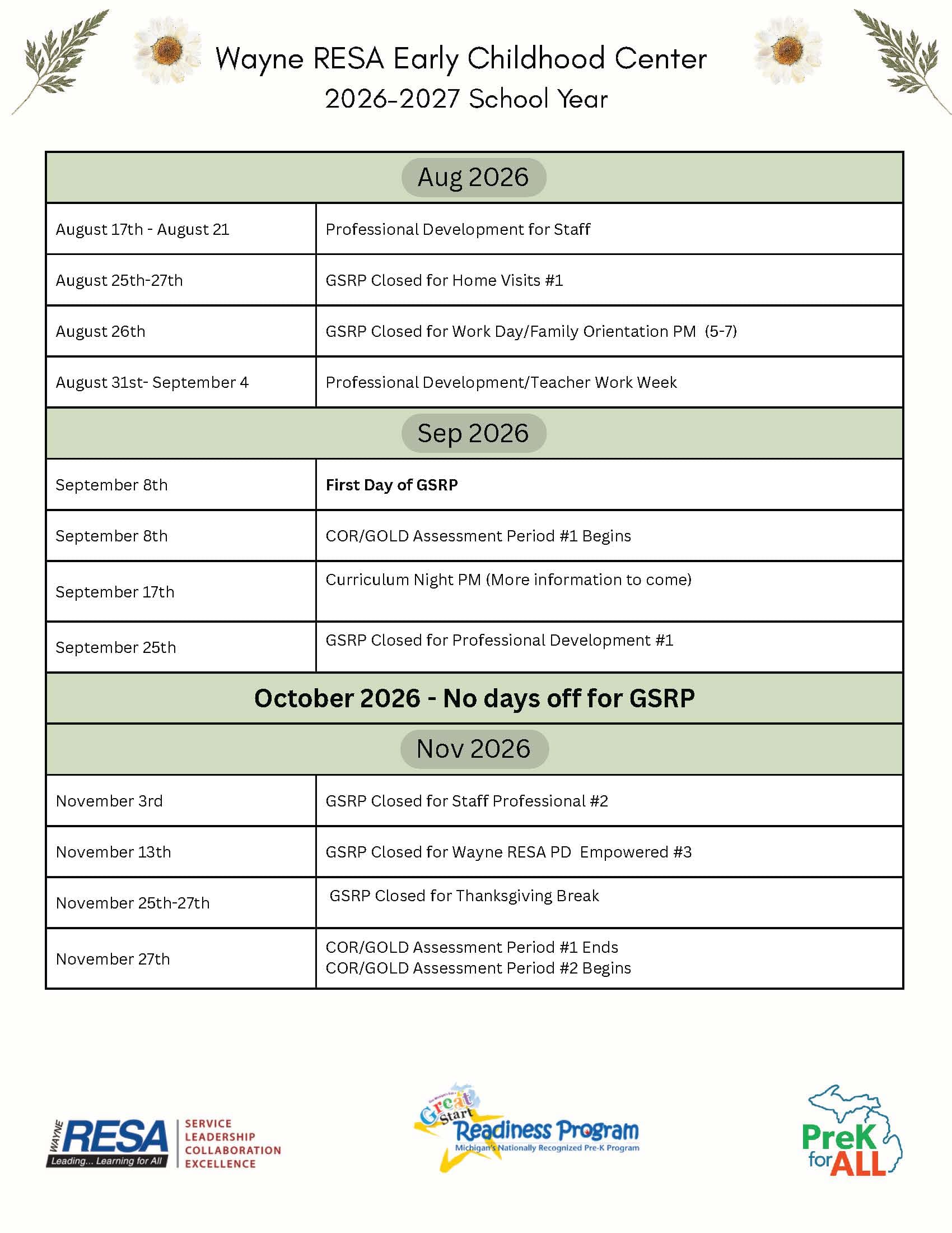 Wayne RESA Early Childhood Center 2026-27 Calendar 1 August to November