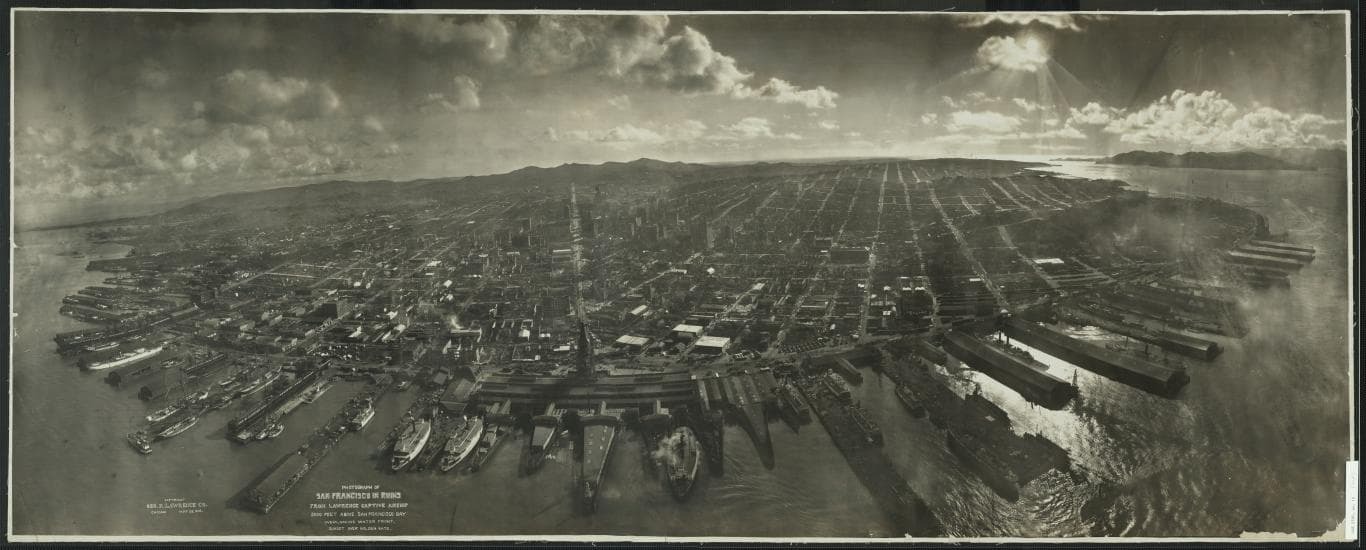 An early example of kite aerial photography of San Francisco in 1906 (Library of Congress)