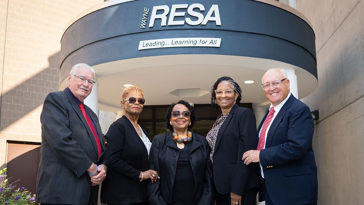 From left, James M. Petrie, Lynda S. Jackson, Mary E. Blackmon, Danielle Funderburg, James S. Beri 2024 Wayne RESA Sign