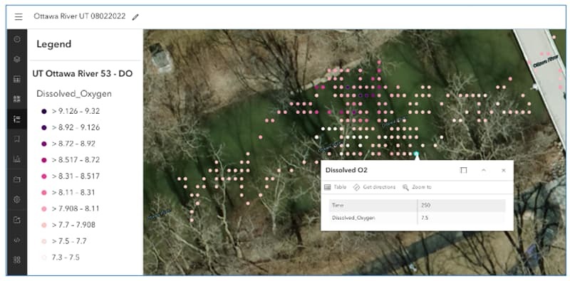 Dissolved Oxygen Plot on Ottawa River, Toledo, OH with AquaROVER data and ArcGIS Online