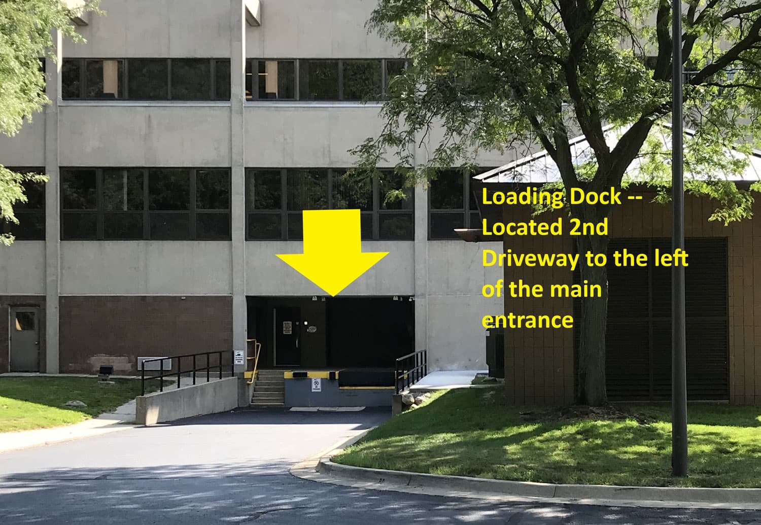 Loading Dock reference image with text stating location at the 2nd Driveway to the left of the main entrance