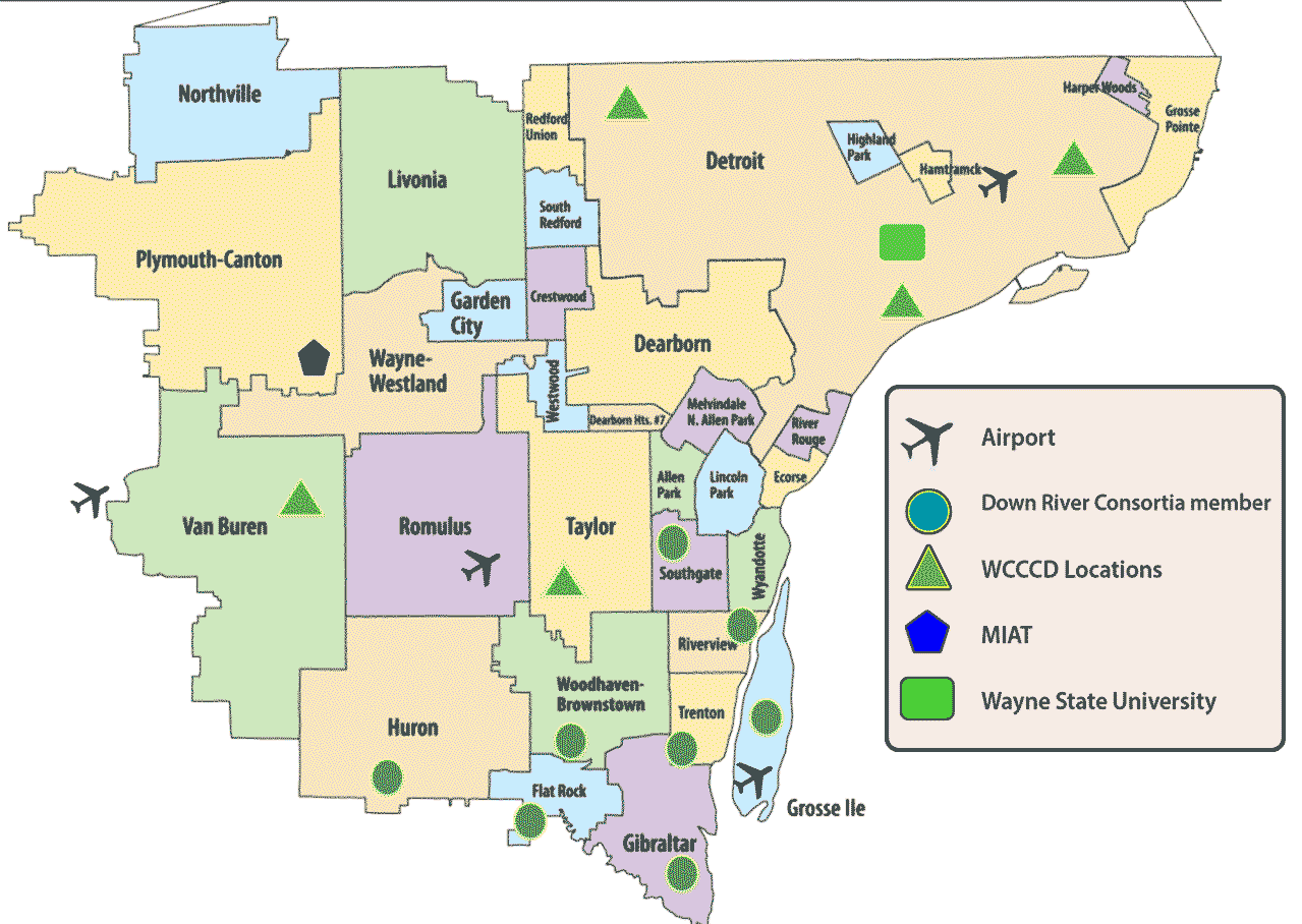 Map of Wayne county with map legend of airport, consortiums, WCCCD, MIAT, and Wayne State University locations