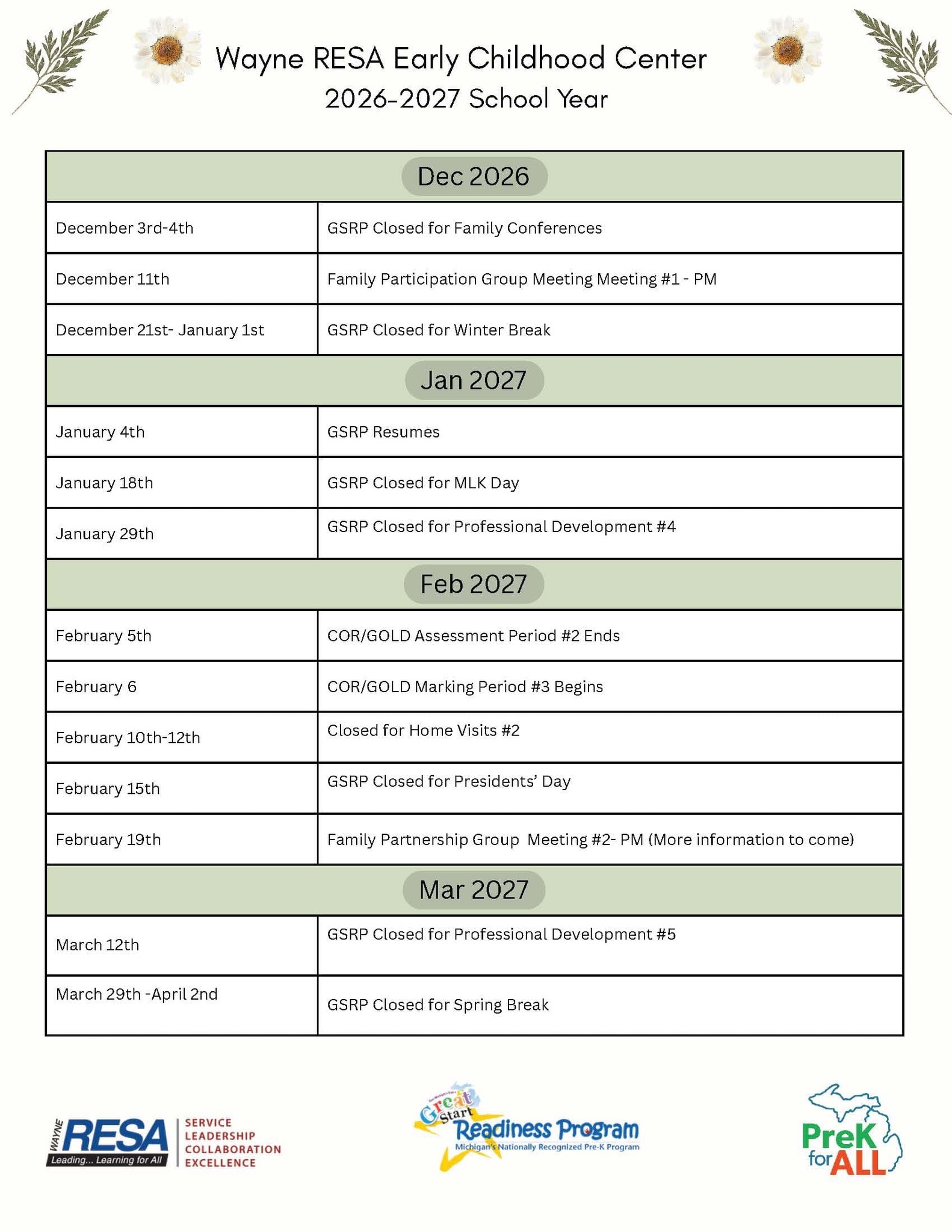 Wayne RESA Early Childhood Center 2026-27 Calendar 2 December to March