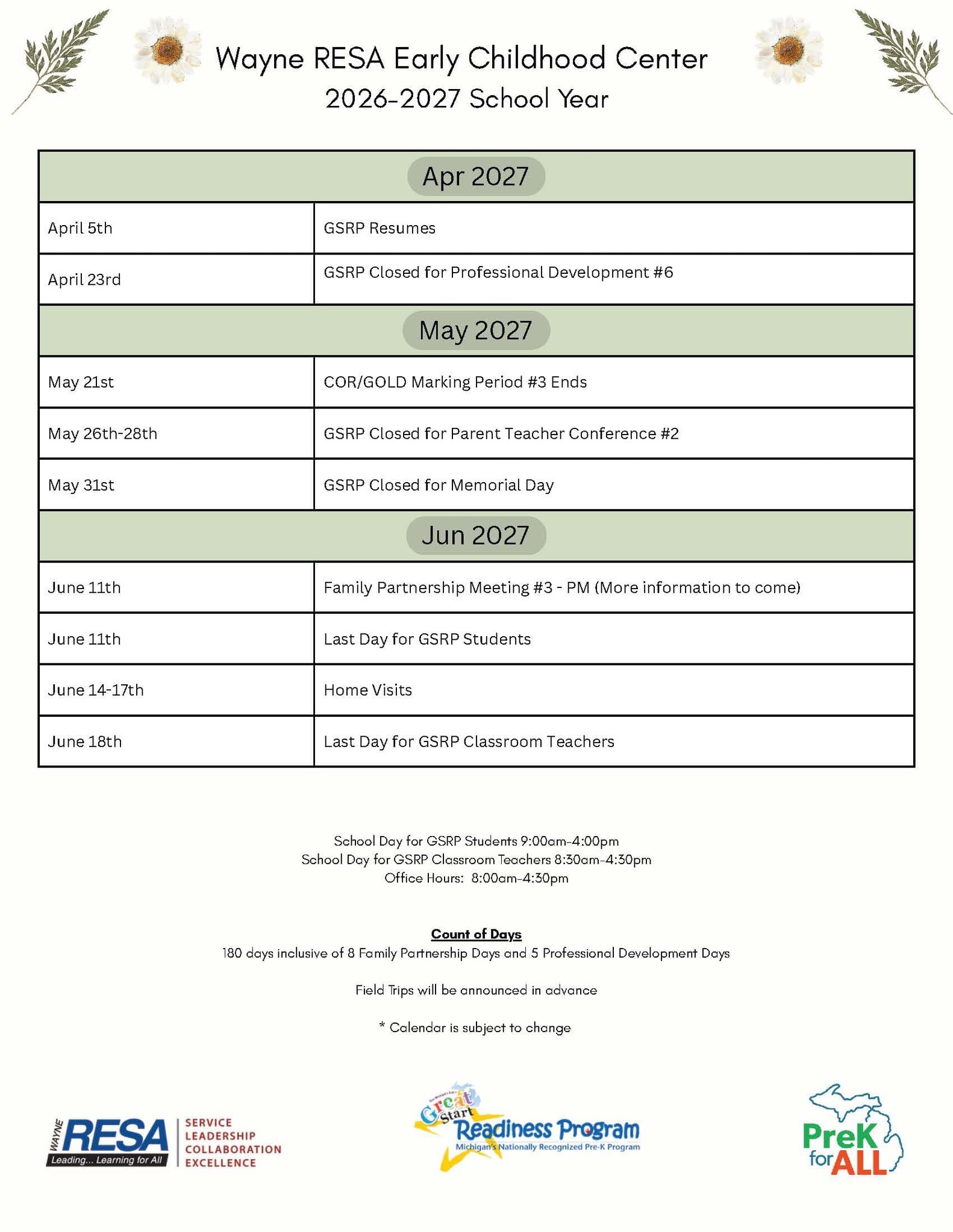 Wayne RESA Early Childhood Center 2026-27 Calendar 3 April to June