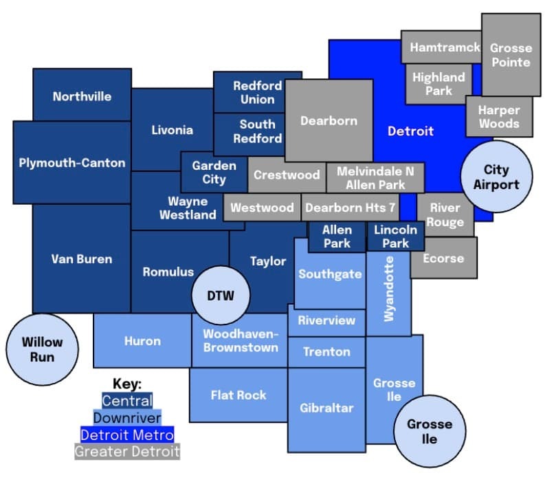 A simplified map of Wayne County showing school districts grouped into four color‑coded regions: Central, Downriver, Detroit Metro, and Greater Detroit. District names are displayed within their approximate geographic locations, with DTW Airport, Detroit City Airport, and Grosse Ile highlighted as circular markers.